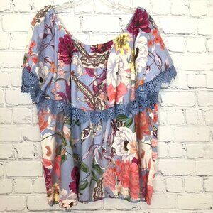 Cupio Blue Floral Linen Blend Top Plus Size 2X Off The Shoulder